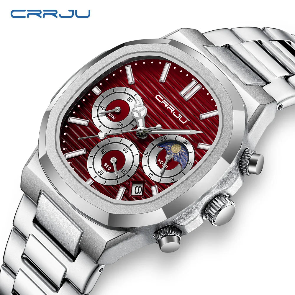 CRRJU Men's Watch Waterproof Luminous Wrist Watch Quartz Stainless Steel Watch for Men Pilot Top Brand Male Watches Chronograph